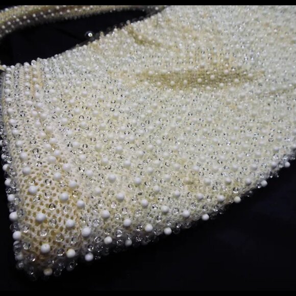 Vintage White Beaded Handbag With Clear Beads, Top Handle Purse VFG - Picture 9 of 15